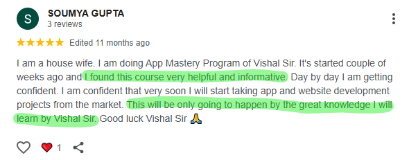 Workshop Google Review by Soumya Gupta to App Mastery Workshop hosted by Technical Vishal Sir