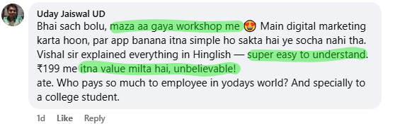 Workshop FACEBOOK Review by Uday Jaiswal UD to App Mastery Workshop hosted by Technical Vishal Sir