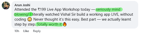 Workshop FACEBOOK Review by Arun Joshi to App Mastery Workshop hosted by Technical Vishal Sir
